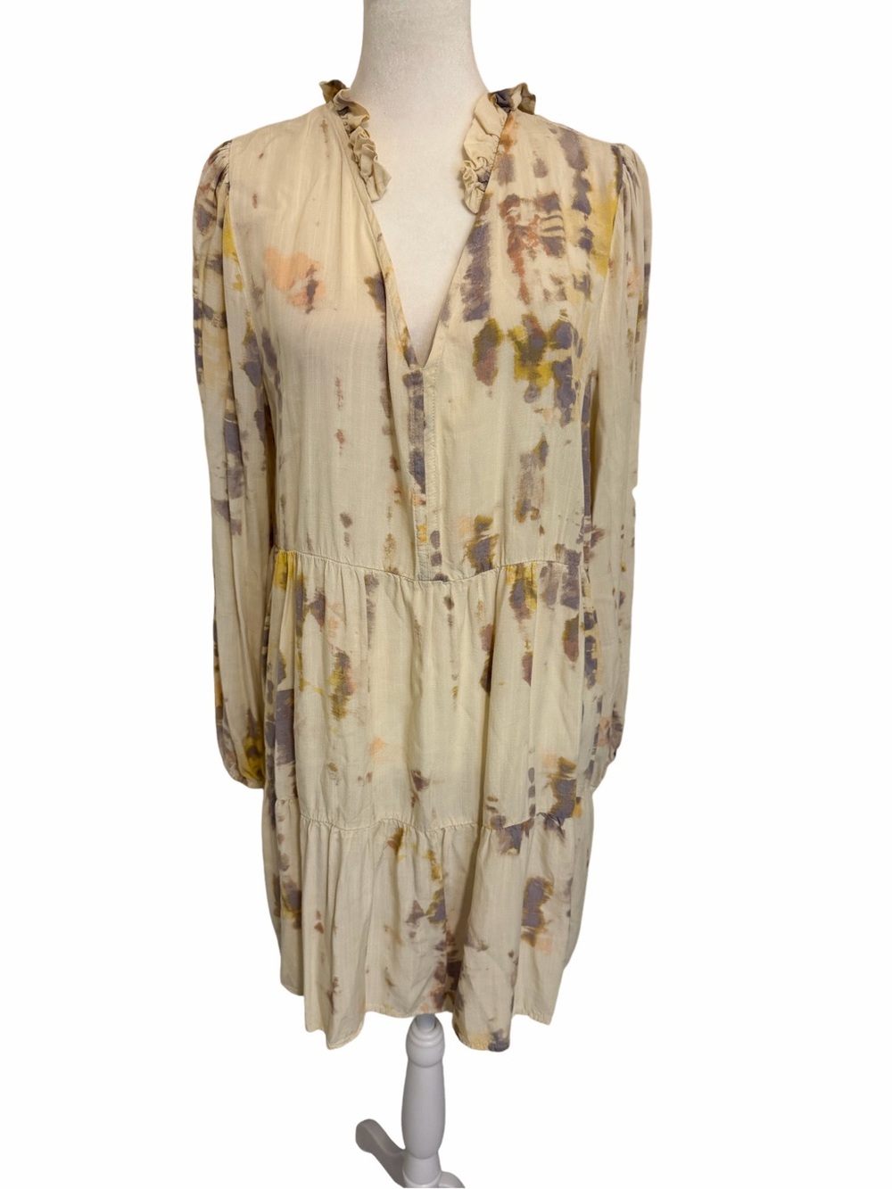 True Craft Cream Floral Tie-Dye Long Sleeve Tiered Dress. Size L